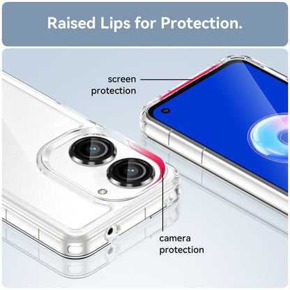 Transparent phone case with raised screen and camera protection, red rim accents