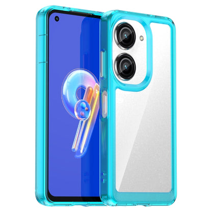 Transparent blue phone case with dual camera cutouts and turquoise frame