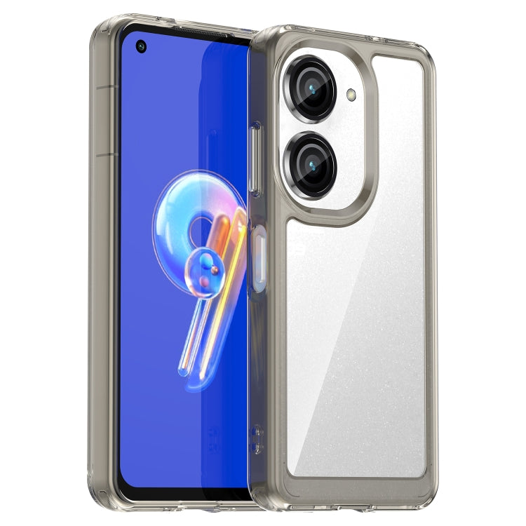 Clear phone case with dual camera cutouts and smoky gray protective frame