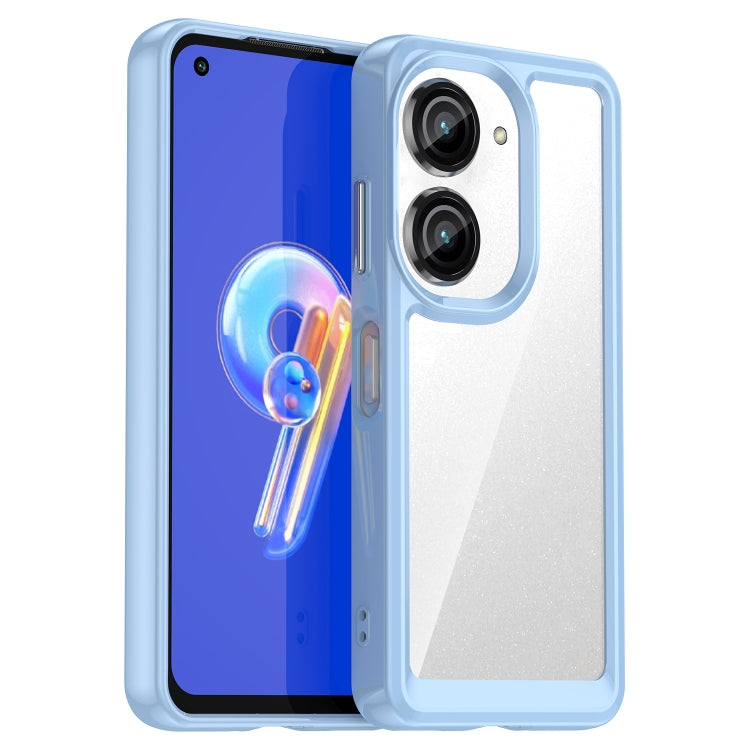 Transparent light blue phone case with dual camera cutouts and raised edges