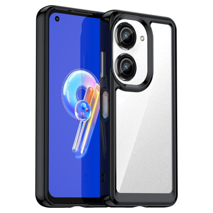 Transparent blue phone case with black bumper, dual camera cutouts and side buttons