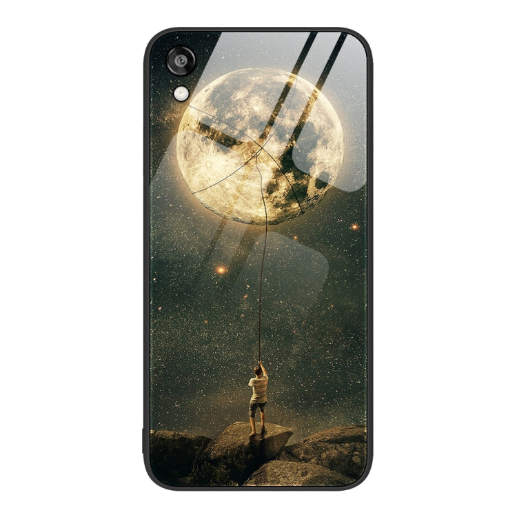 Glass phone case with a moon, starry sky, and a lone figure on a hill.