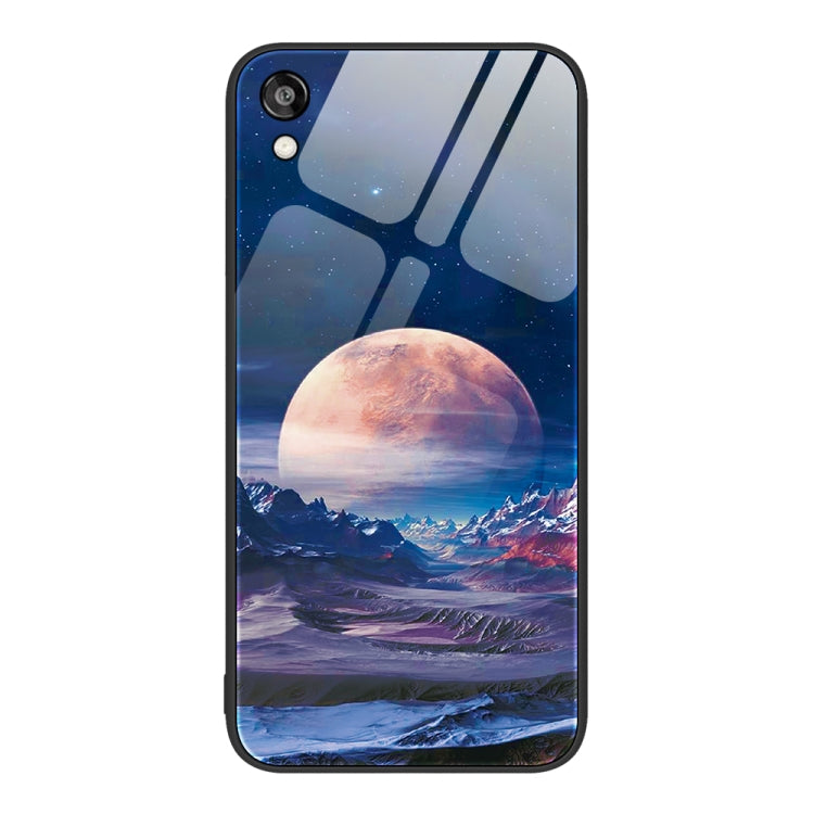 Glass phone case with a red planet, starry sky, and mountain landscape illustration.