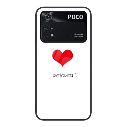 Painted glass phone case with red layered heart graphic and script text