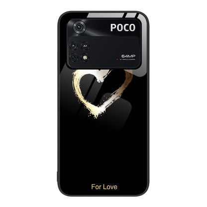 Painted glass phone case with gold heart brushstroke on dark background
