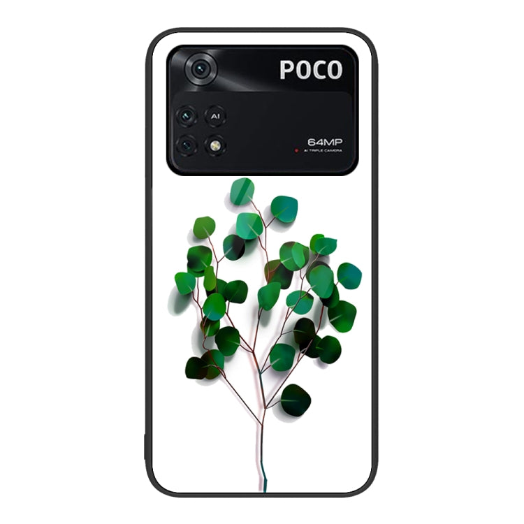 Painted glass phone case with green leaves tree branch illustration