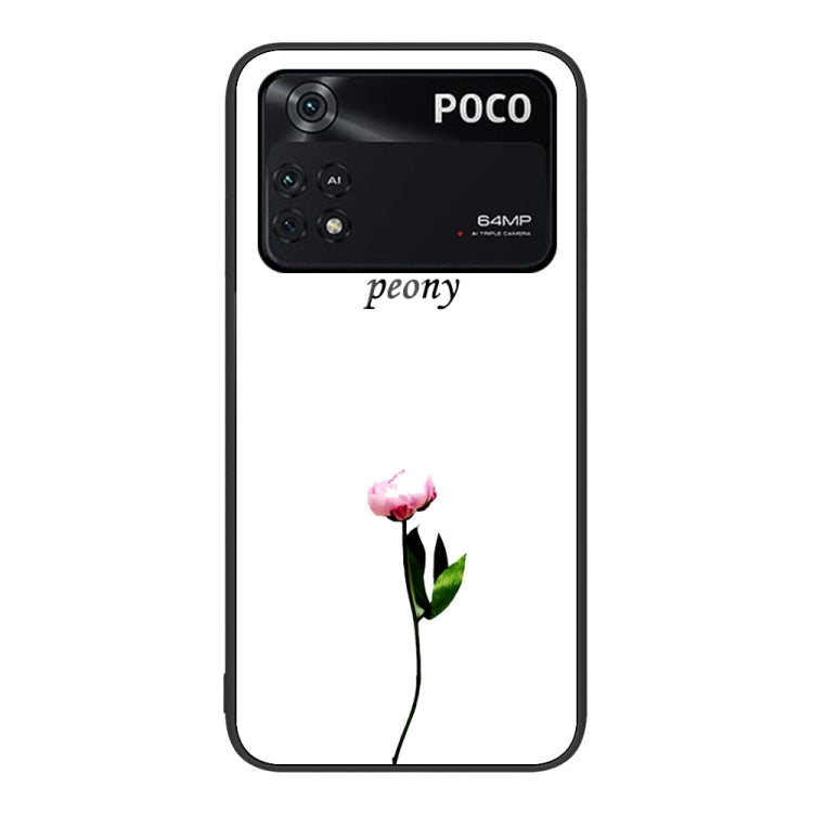 Painted glass phone case with pink peony flower and green stem illustration