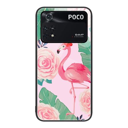 Painted glass phone case with pink flamingo and rose floral pattern