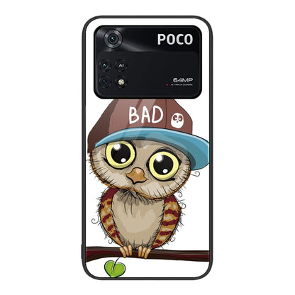 Painted glass phone case with cute cat illustration and hat, text on top