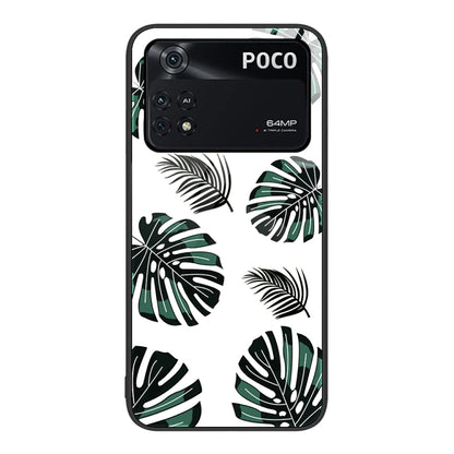Painted glass phone case with white background and green tropical leaf pattern