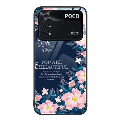 Painted glass phone case with navy floral design and pink blossoms
