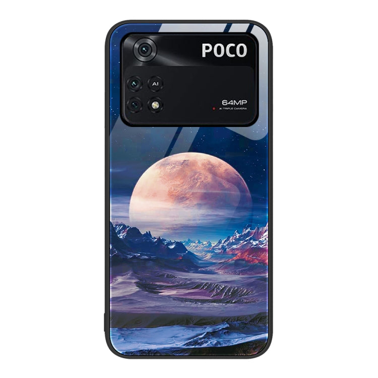 Painted glass phone case with blue landscape and large orange planet