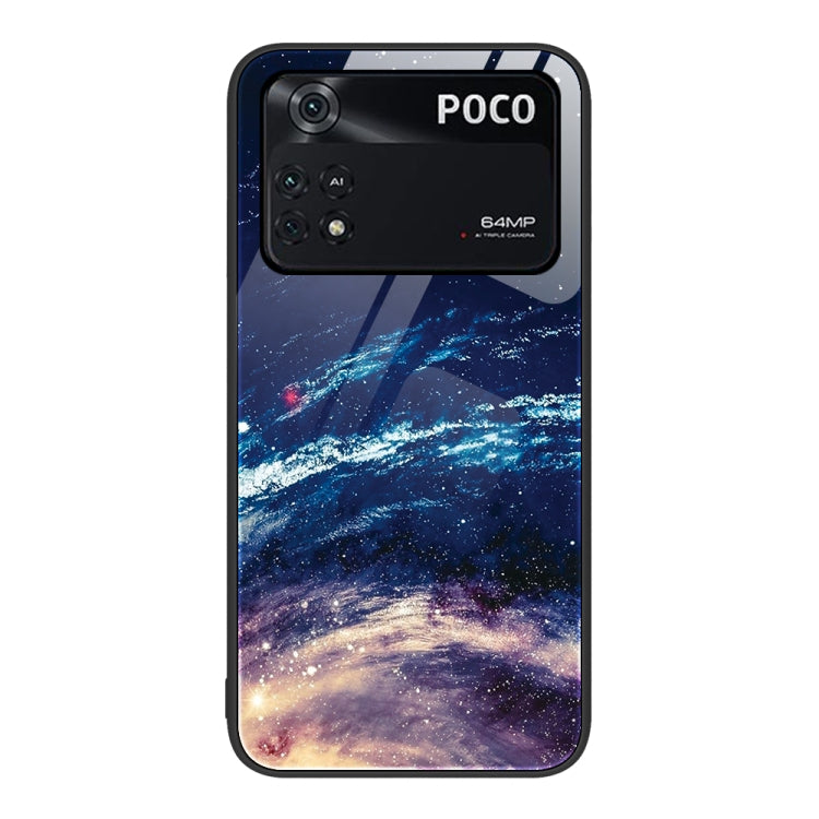 Painted glass phone case with deep blue starry galaxy and swirling lights