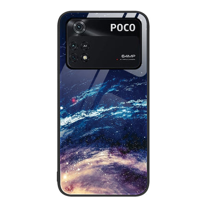 Painted glass phone case with deep blue starry galaxy and swirling lights