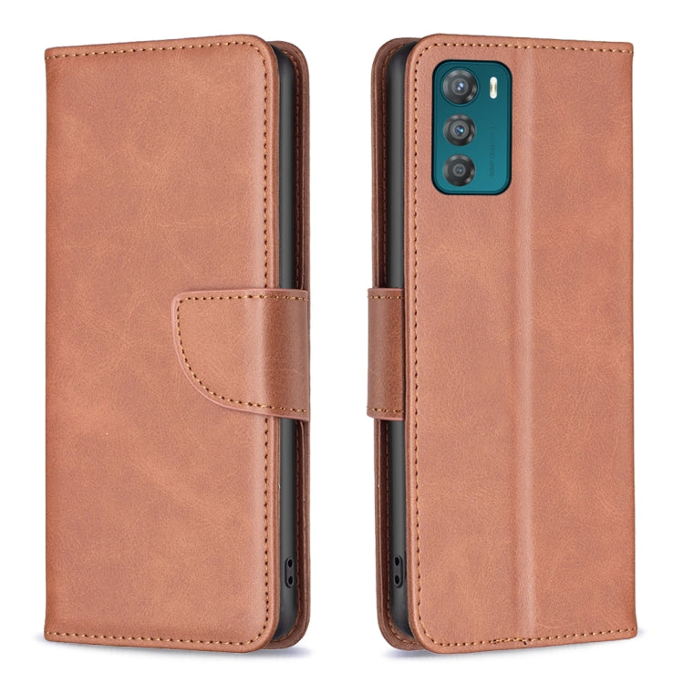 Brown lambskin leather phone case with folio flap and card slot, camera cutout