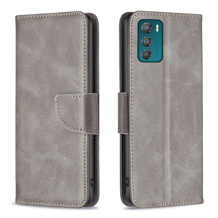 Grey lambskin texture leather phone case with flip cover and camera cutout