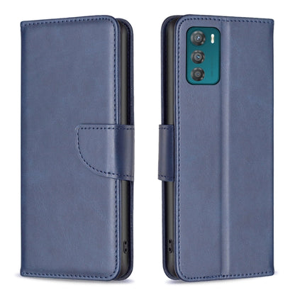 Blue lambskin texture leather phone case with flip cover and camera cutout