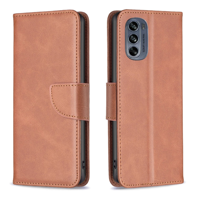 Brown lambskin leather phone case, folio flap design with camera opening
