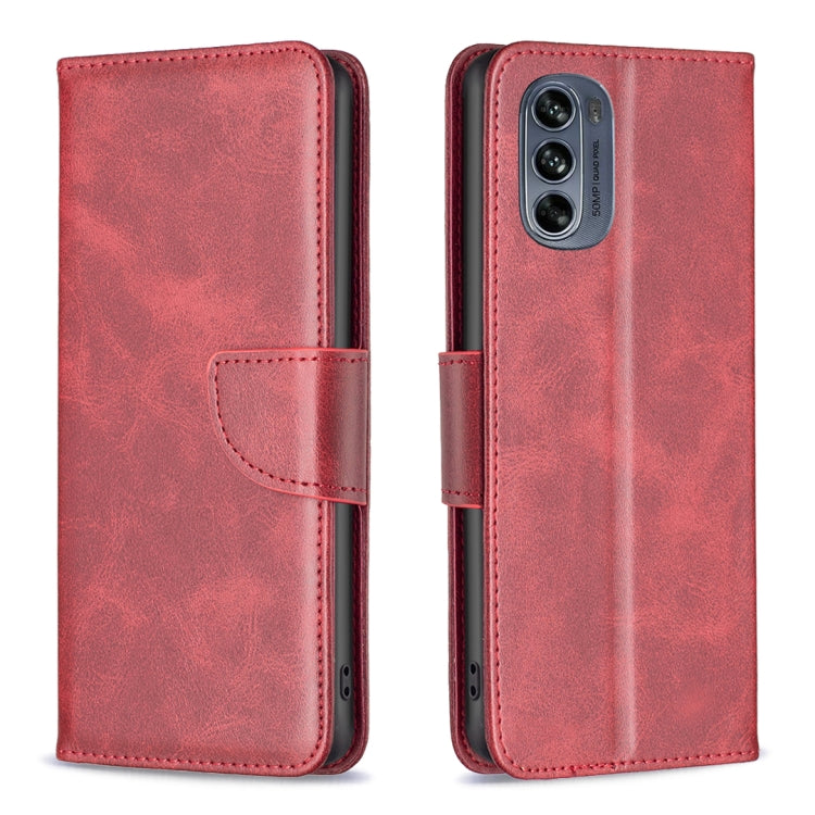 Red lambskin texture leather phone case with flip cover and camera cutout