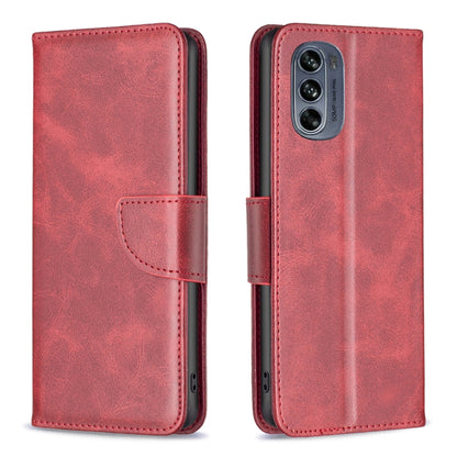 Red lambskin texture leather phone case with flip cover and camera cutout