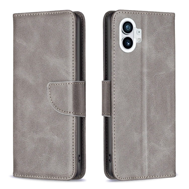 Grey lambskin texture leather phone case with flip cover and camera opening