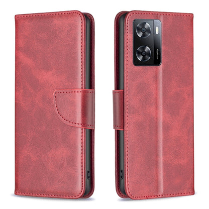 Red lambskin texture leather phone case, flip cover with camera cutout