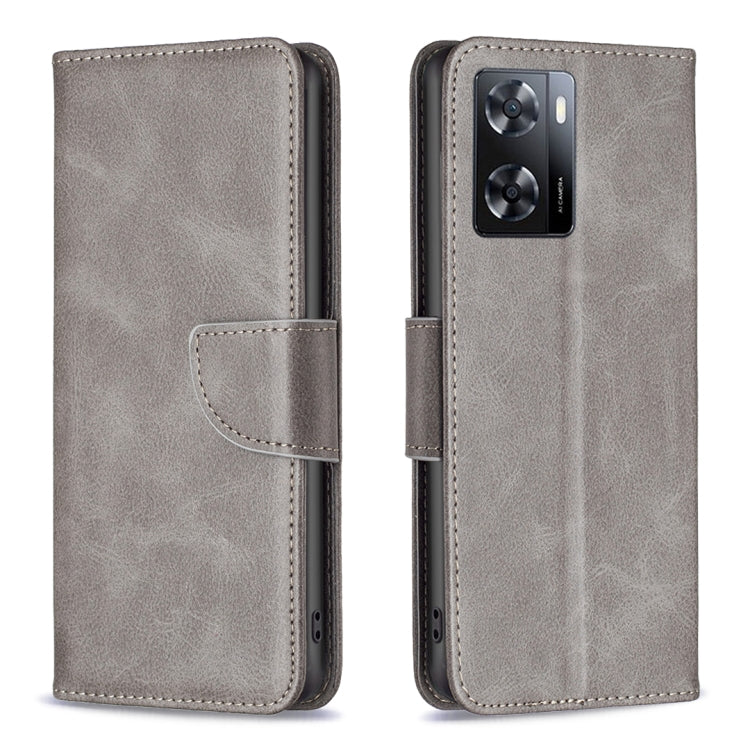 Grey lambskin texture leather phone case, flip cover with camera cutout