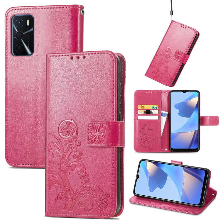 Rose red leather phone case with embossed four-leaf clasp and folio stand