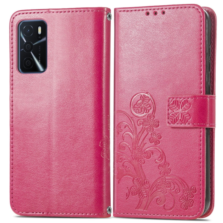 Rose red leather folio phone case with four-leaf embossed clasp and card slots