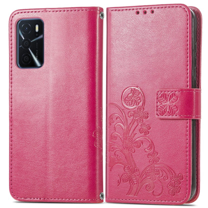 Rose red leather folio phone case with four-leaf embossed clasp and card slots