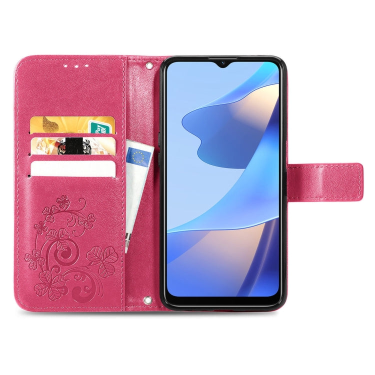 Rose red leather wallet phone case with embossed four-leaf clasp and flip cover