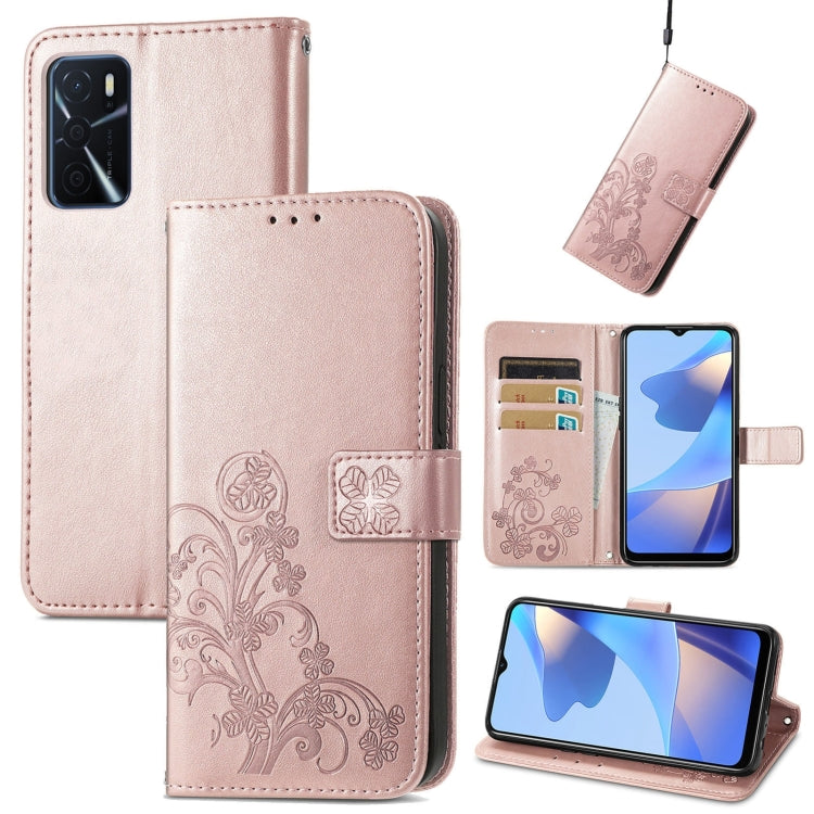 Rose gold leather phone case with embossed four-leaf clasp and folio card slots