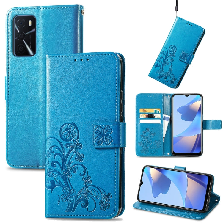 Blue leather folio phone case with embossed four-leaf clasp and floral pattern