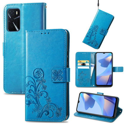Blue leather folio phone case with embossed four-leaf clasp and floral pattern