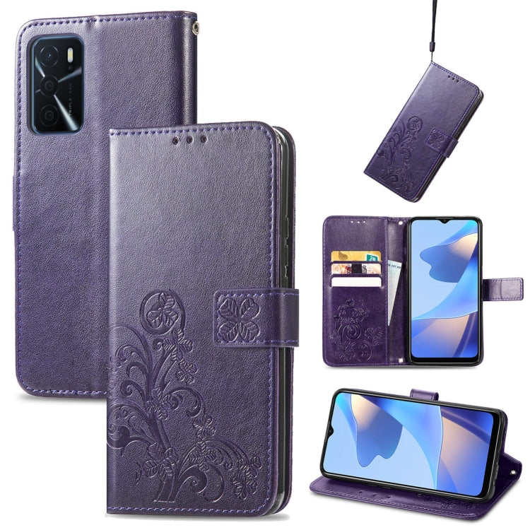 Purple leather phone case with embossed four-leaf clasp and decorative floral emboss
