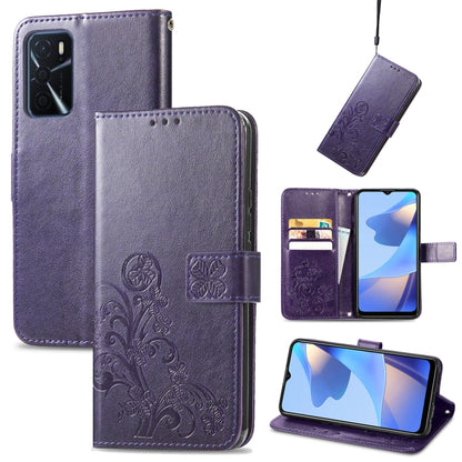 Purple leather phone case with embossed four-leaf clasp and decorative floral emboss