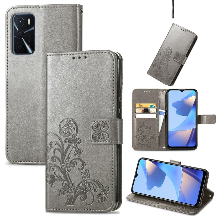 Grey leather folio phone case with embossed four-leaf clasp and card holder