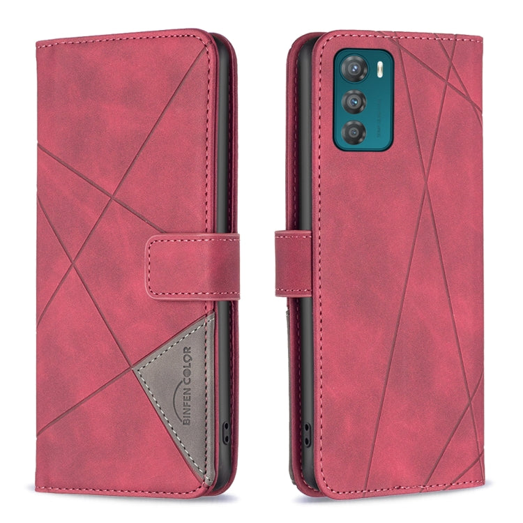 Red folio phone case with magnetic buckle, rhombus textured leather, front flip cover