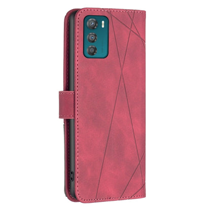 Red folio phone case with magnetic buckle and rhombus texture, rear camera cutout