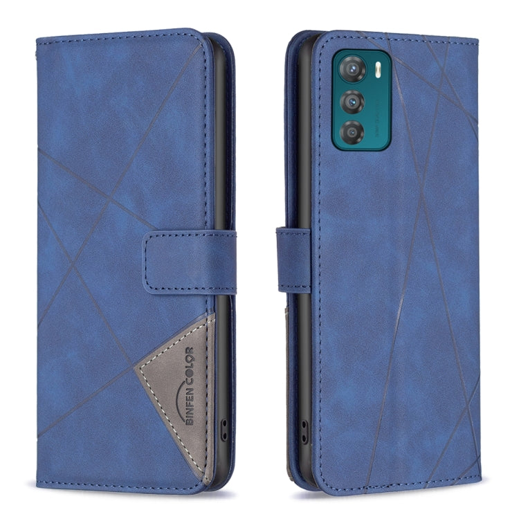 Blue folio phone case with magnetic buckle, rhombus textured leather, front and back