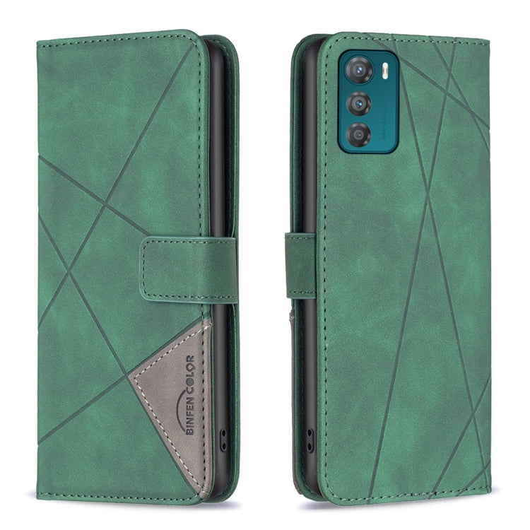 Green leather phone case with magnetic buckle, rhombus texture, flip cover and card slot