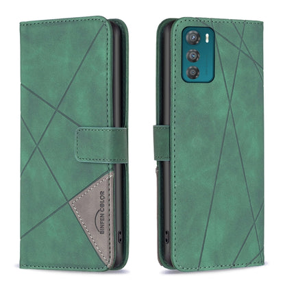 Green leather phone case with magnetic buckle, rhombus texture, flip cover and card slot