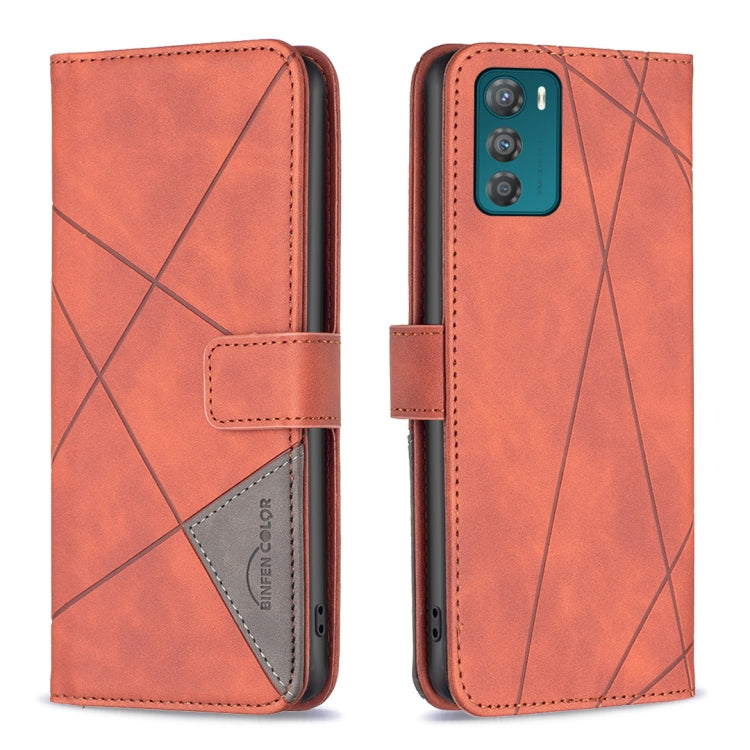 Orange leather phone case with magnetic buckle, rhombus texture, flip cover and card slot