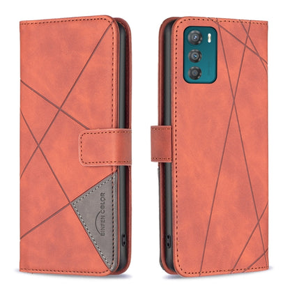 Orange leather phone case with magnetic buckle, rhombus texture, flip cover and card slot