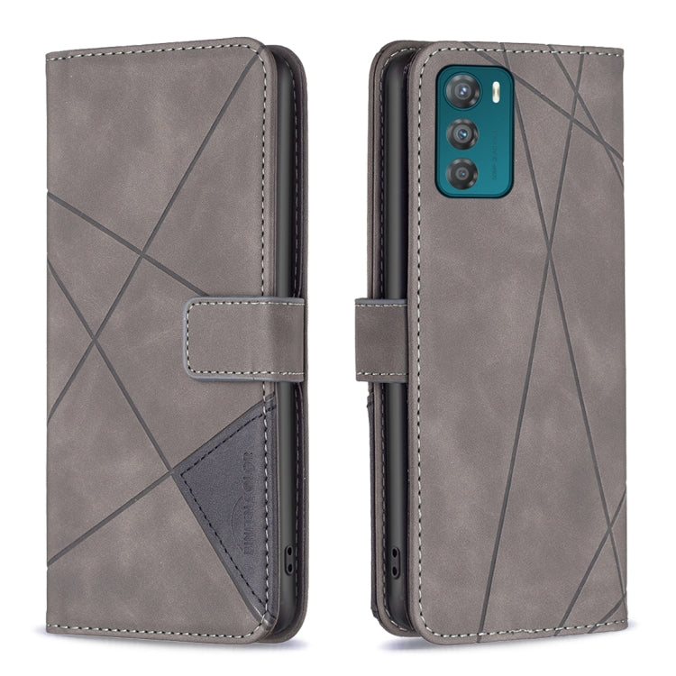 Grey magnetic buckle leather phone case with rhombus texture, folio flap and card pocket