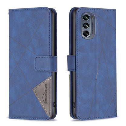 Blue leather phone case with magnetic buckle, rhombus texture, flip cover and card slot