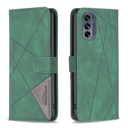 Green leather phone case with magnetic buckle and rhombus texture, flip cover, triple camera cutout