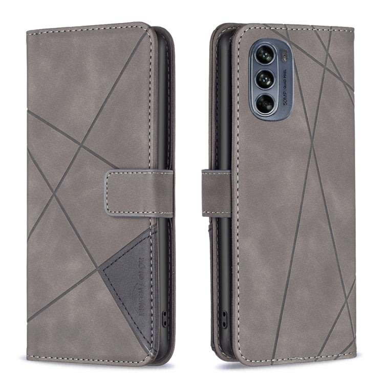 Grey magnetic buckle leather folio phone case with geometric rhombus lines and camera cutout