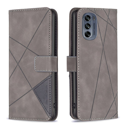 Grey magnetic buckle leather folio phone case with geometric rhombus lines and camera cutout