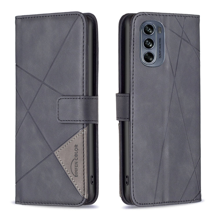Grey leather phone wallet case with magnetic buckle, rhombus texture, front cover open